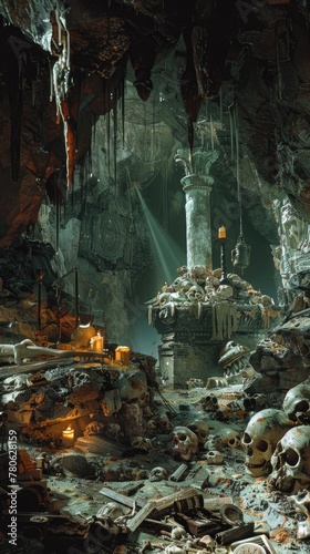 Realistic depiction of a monster's lair, filled with treasures and bones