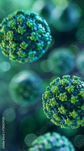 3D render of HPV infection, sexually transmitted DNA virus. Illustration of HPV virus concept, blue and green colors.