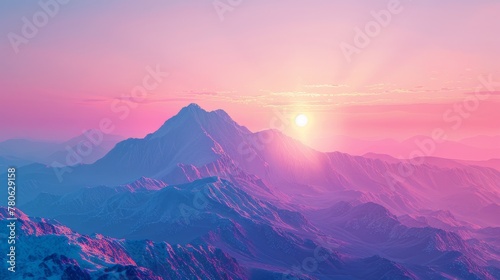 sunset on the mountains with vaporwave tone color, suitable for wallpaper, poster. Generative AI © wellyans