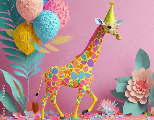 Colourful fantasy giraffe walking with a yellow party hat on, paper leaves,balloons,against a pink background, ideal for baby nursery,childrens decor or educational material