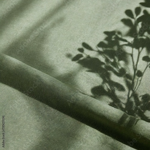 sunlight shadows on a very light neutral sage green fabric, aesthetic minimalist natural background with copy space