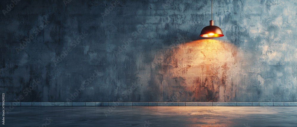A table lamp illuminating a room against a dark blue wall. Banner with copy space. A table lamp illuminating a room against a dark blue wall. Banner with copy space.