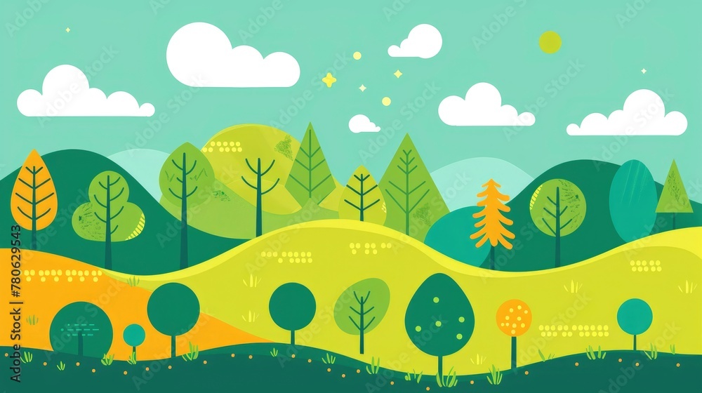 Obraz premium illustration of trees and bushes in the style of flat design, green mountains with a yellowish teal background, colorful, bright colors
