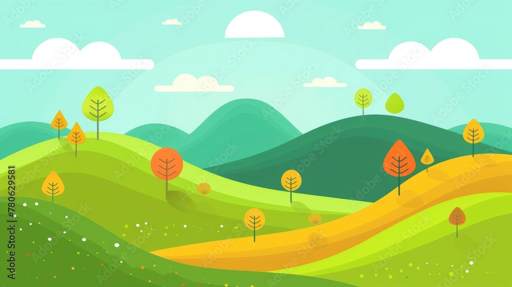 illustration of trees and bushes in the style of flat design, green mountains with a yellowish teal background, colorful, bright colors illustration of trees and bushes in the style of flat design, green mountains with a yellowish teal background, colorful, bright colors
