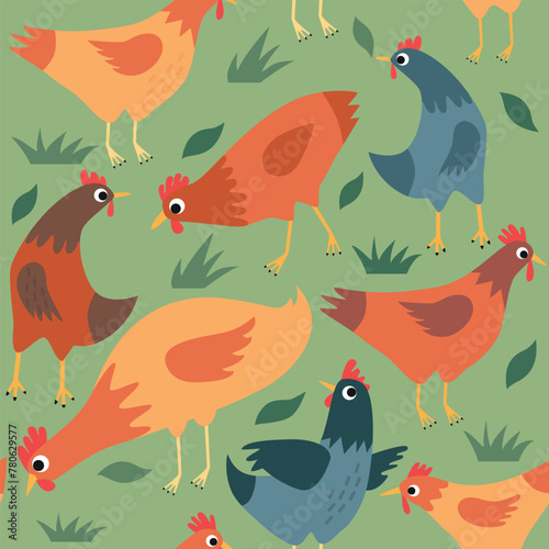 Seamless pattern with chickens on green background. 