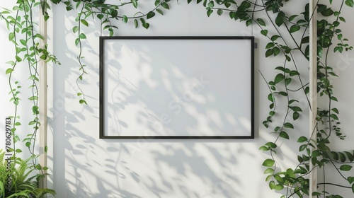 white wall with black frame mockup, hanging on white wooden trellis covered in green vines, minimalist modern aesthetic, photo realistic in the style of cinematic photo