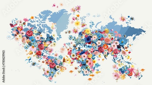 World map made of flowers in a flat illustration with a white background  using simple design  flat color blocks in blue tones