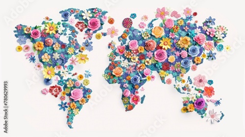 World map made of flowers in a flat illustration with a white background  using simple design  flat color blocks in blue tones