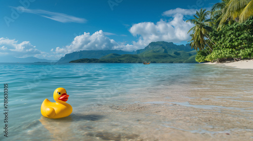 Stunning view of a tropical beach with palm trees and a turquoise ocean ,1 huge yellow rubber duck on the sea