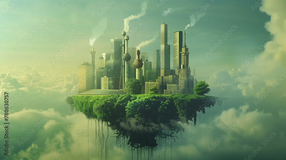 A city is floating in the sky with smoke coming out of it. The city is surrounded by a green forest