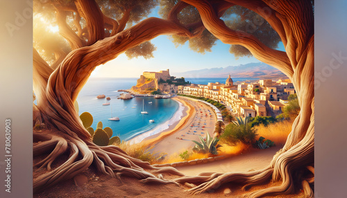 Photo-realistic View of Sicilian Shores: Explore Sandy Beaches & Charming Hilltop Towns in Italy for a Quintessential Summer | Famous Location Photography Theme