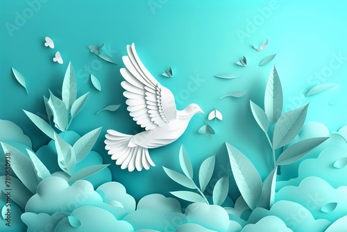 White Dove Flying on Blue Sky Background. International Peace Day design