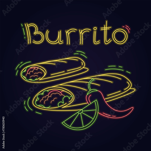 Outline mexican cuisine burrito in neon color sign isolated on black background.