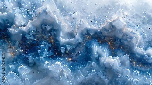 A modern digital collage that captures the icy elegance of winter, combining photography and abstract elements in icy blue, white, and silver to depict the intricate beauty of frost.