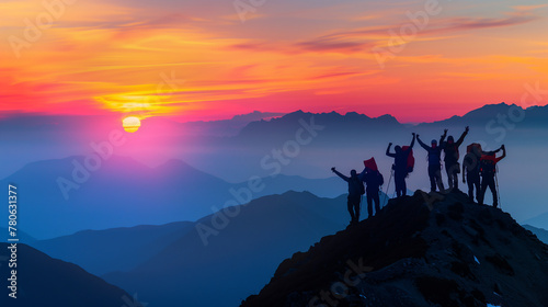 A group of people were standing on the top of a mountain. with the sun setting behind them The scene is one of triumph and success as the group reaches the summit. © phairot