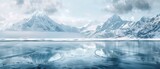 A serene, frozen landscape with majestic snow-capped mountains reflecting in the calm, icy waters of a tranquil lake, creating a breathtaking, otherworldly scene.