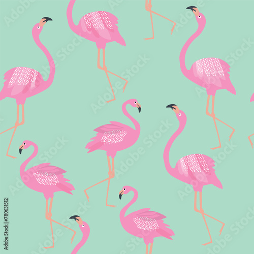 Seamless pattern with pink flamingo on blue background. 