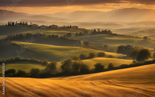 Rustic Tuscan hills at sunrise, golden fields, peaceful, picturesque Italian countryside