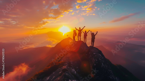 A group of people were standing on the top of a mountain. with the sun setting behind them The scene is one of triumph and success as the group reaches the summit. photo