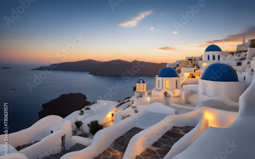 Santorini sunset, white Cycladic houses, bright blue domes, calm Aegean Sea, dreamy Greek island photo