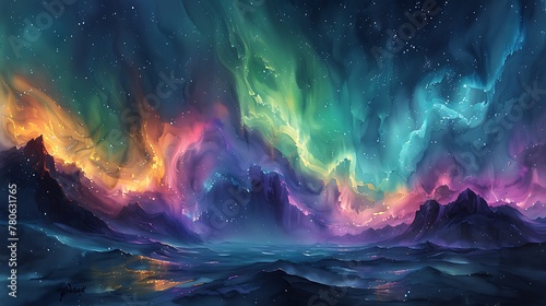 A watercolor interpretation of the Northern Lights, blending soft, flowing hues of green, purple, and blue to mimic the gentle undulation of the aurora in the winter sky.