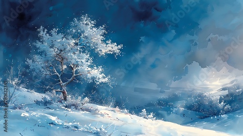 A watercolor painting that interprets the ethereal quality of frost, blending icy blue and white with subtle silver sparkles to create a dreamlike representation of winter's touch.