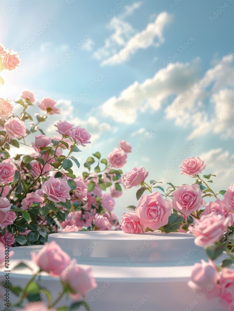A charming pink podium decorated with elegant roses set against a soft blue sky with scattered clouds, ideal for product display. A charming pink podium decorated with elegant roses set against a soft blue sky with scattered clouds, ideal for product display.