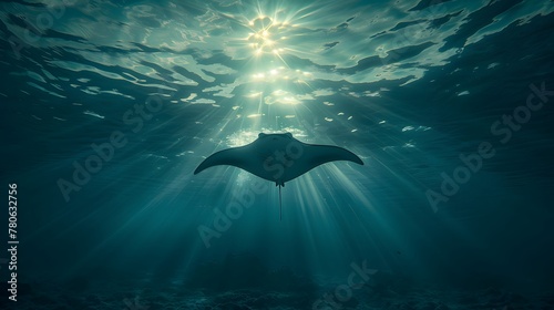 Underwater view of sunlight filtering through blue ocean waves  highlighting swimming fish and a playful dolphin amidst ripples and reflections