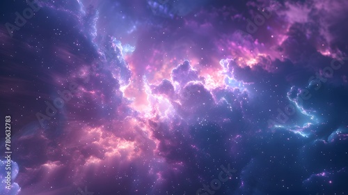 A swirling nebula with bright stars fills a deep blue space background © JennyJane