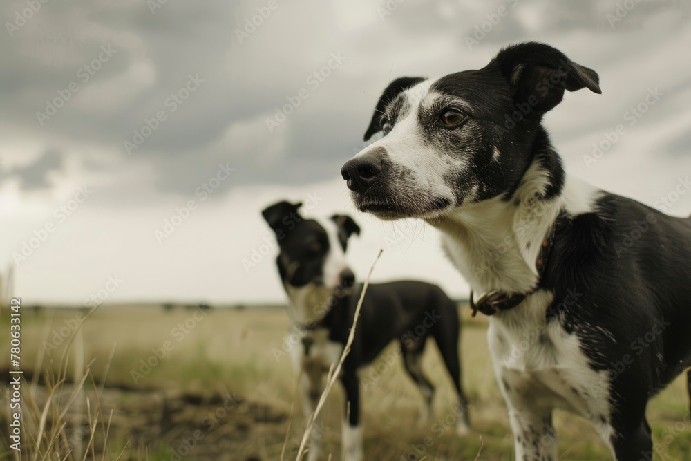 Two dogs standing in a field with one of them looking at the camera
