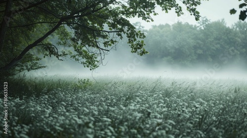 The crisp scent of spring enveloped the meadow, as fresh grass danced in the misty morning light. photo