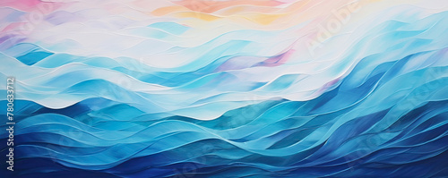Oil painting with abstract waves in turquoise and gold color, texture of colorful banner background
