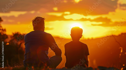 A father and son watching the sunset together, sharing a moment of tranquility and bonding amidst the beauty of nature.
