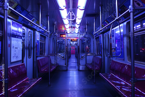 Empty subway car interior with red seats and metallic poles, illuminated by overhead lights, creating a moody atmosphere. Ideal for themes of urban transport, solitude, or city life.