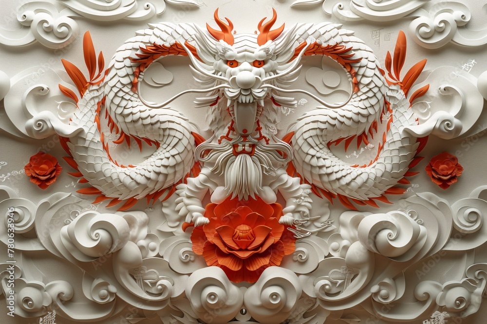 A white and orange paper sculpture of a dragon with colorful flowers adorns a wall.