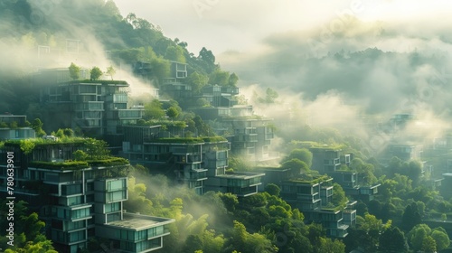 Eco-city merging with ancient forest sustainable buildings