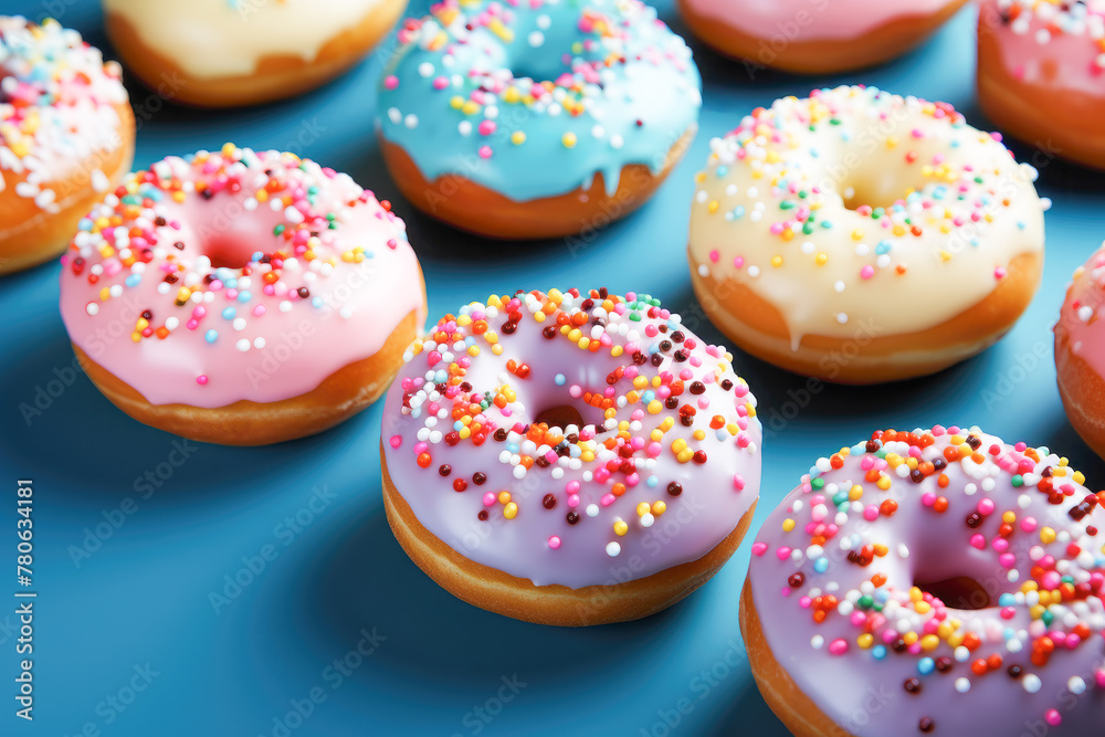 Assorted Colorful Donuts on Blue Background. An enticing array of frosted donuts adorned with colorful sprinkles, presented on a vivid blue background.