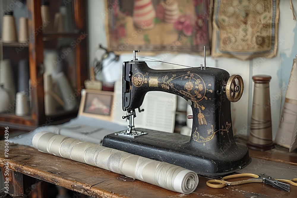 Tailor's retro workshop with an old sewing machine. Amidst spools of thread and snippets of fabric, an old sewing machine reigns supreme, a relic of sewing history.