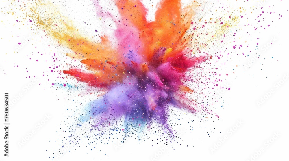 Vibrant explosion of colorful powder creating a dynamic burst of hues on a clean white background with a strobe effect