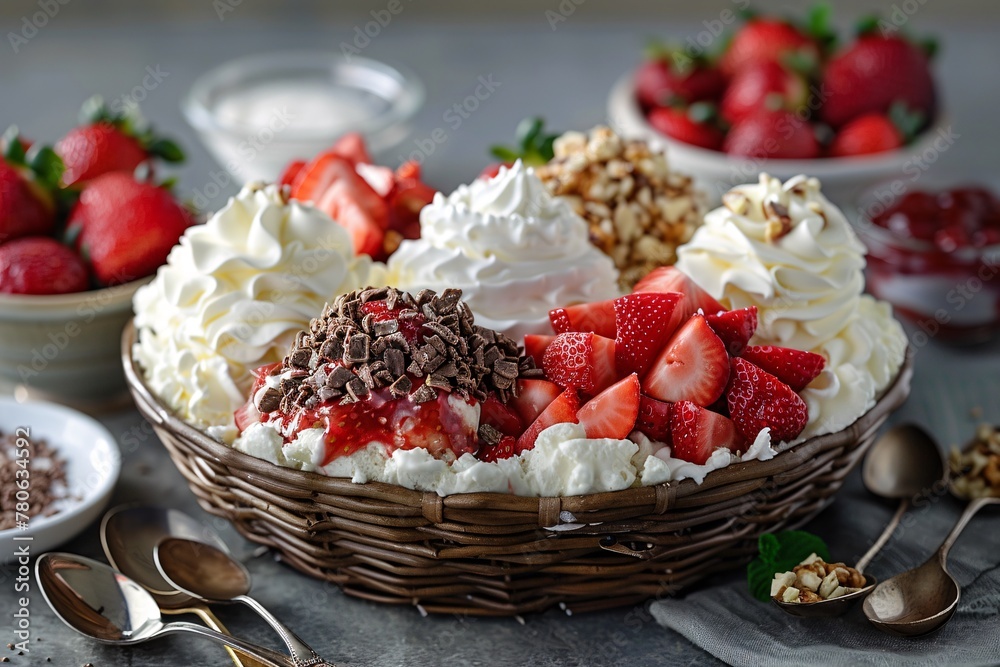 A wicker basket overflowing with ripe strawberries, whipped cream, and chocolate chips. Spoons rest on the table next to the basket. A wicker basket overflowing with ripe strawberries, whipped cream, and chocolate chips. Spoons rest on the table next to the basket.