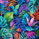 A vibrant, handpainted pattern of exotic houseplants and flowers with large leaves in shades of blue, green, purple, pink, orange and red.