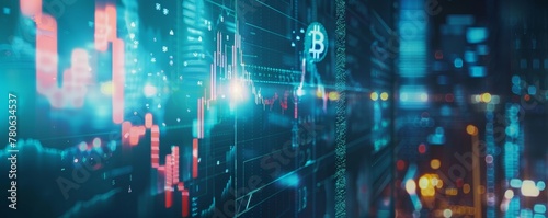 Beautiful background with bitcoin symbol and stock chart on digital screen  blurred stock market background.