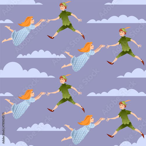 Lovely boy in green costume аnd girl in nightgown flying in the clouds in the sky. Seamless background pattern