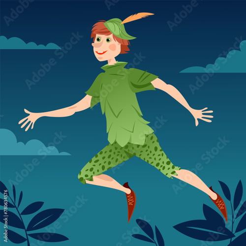 Lovely careless boy in green oufit flying in the sky