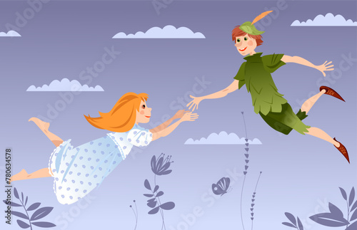 Lovely boy in green costume аnd girl in nightgown flying in the clouds in the sky