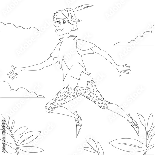 Lovely careless boy in green oufit flying in the sky. Coloring page