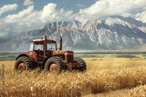 Harvest Time Vintage Tractor in a Golden Wheat Field with Majestic Mountain Backdrop photo