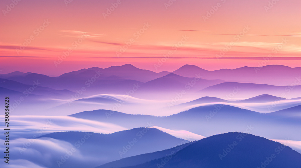 a minimalist landscape capturing the serene beauty of rolling mountains under a sunrise , light orange purple sky, contrasted with a dynamic