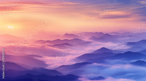 a minimalist landscape capturing the serene beauty of rolling mountains under a sunrise , light orange purple sky, contrasted with a dynamic © Jirut