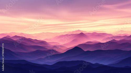 a minimalist landscape capturing the serene beauty of rolling mountains under a sunrise , light orange purple sky, contrasted with a dynamic © Jirut